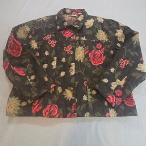 Chicos Design Tapestry Jacket Womens 3 XL Black Red Floral Rose Jacquard Button